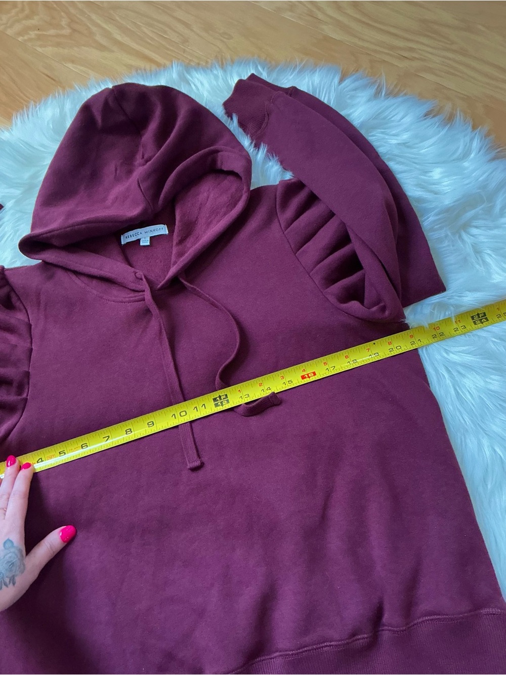Rebecca Minkoff Janine Burgundy Hooded Fleece Lined Sweatshirt Puff Shoulders - Picture 2 of 6